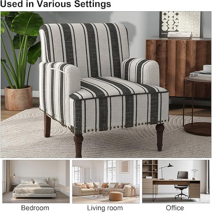 Accent Chair, Mid Century Modern Comfy Armchair for Living Room, Linen Fabric Single Sofa Lounge for Reading Bedroom Apartment Waiting Room with Wood Legs (Black Stripe, Set of 1)