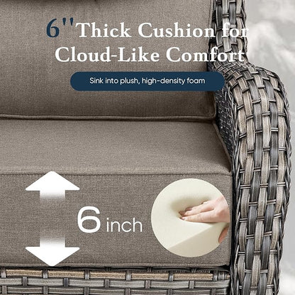 Belord Luxury 6" Thick Cushioned Outdoor Swivel Rocker Chairs Set of 4 with Fire Pit Table, High Back Wicker Patio Furniture Set with Ergonomic Zone Back, Conversation Set for Deck Porch - Grey+Grey
