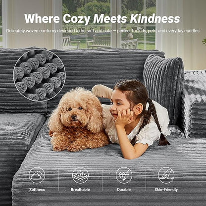108" Boneless Couch, Cloud Couch Modular Sectional Sofa with Deeper Seat, L-Shaped Sofa with 4 Storage Pockets, Comfy Corduroy Couches for Living Room (Right Facing Chaise, Grey)