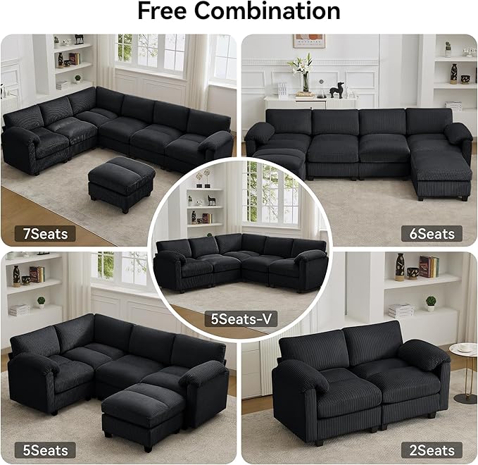 87'' U-Shaped Sectional Sofa with Ottoman, 5-Seater Modular Couches for Living Room, Corduroy Deep Seat Cloud Sofa with Center Stitched, Black