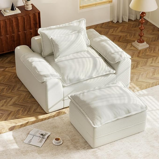 Hobestluk Cloud Single Sofa with Ottoman Memory Foam Couch with Deep Seat L Shaped Sofa with Removable Cover Large Couch for Living Room (Beige, Single Sofa with One Ottoman)