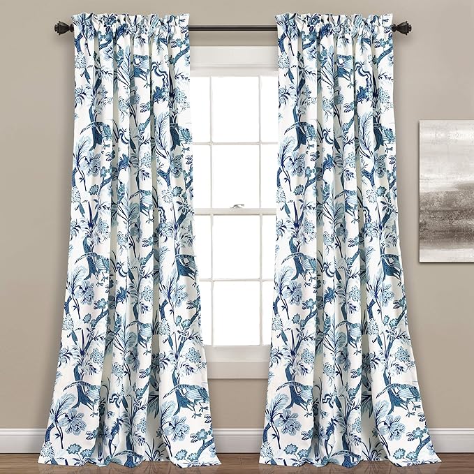 Lush Decor Dolores Light Filtering Window Panels, Pair, 52" W x 108" L, Blue - Floral Curtains for Bedroom - Vintage Curtains - Coquette Room Decor