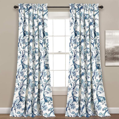 Lush Decor Dolores Light Filtering Window Panels, Pair, 52" W x 108" L, Blue - Floral Curtains for Bedroom - Vintage Curtains - Coquette Room Decor