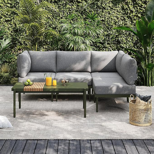 Sundale Outdoor 5 Pieces Metal Patio Furniture Set, Outdoor Sectional Sofa w/6 Inch Olefin Cushion and Coffee Table, Modern Outdoor Conversation Sets (4 Seats, Green Frame)