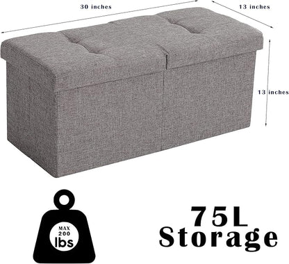 CUYOCA Storage Ottoman Bench Foldable Seat Footrest End of Bed Ottoman with Flipping Lid for Living Room, 75L, 30 inches Linen Fabric Beige