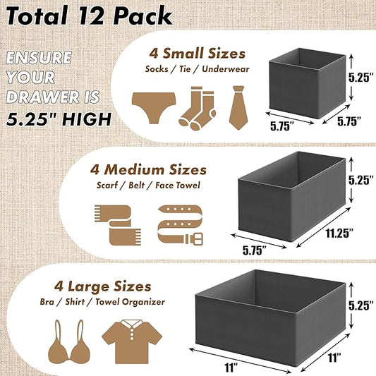 Simple Houseware Foldable Drawer Organizer for Clothes/Underwear/Panty/Onesie Stocking Bin, Set of 12, Dark Gray