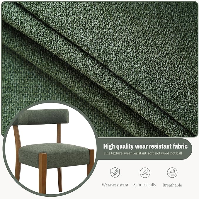 Modern Green Dining Chairs Set of 6, Walnut Upholstered Kitchen & Dining Room Chairs, Mid Century Modern Wooden Dining Chairs Oversized Sturdy Fabric Rounded Chairs Curved Back
