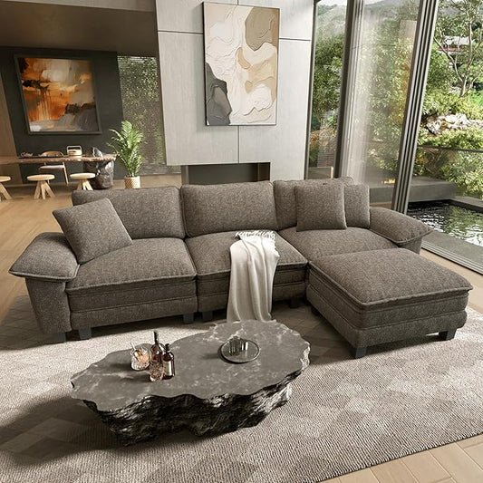 HERA'S HOUSE 124" Modular Sectional Sofa, Oversized L Shaped Couches for Living Room, Comfy Cloud Couch with Ottoman, 4-Seater Deep Seat Sofa with Throw Pillow, Chenille Ash