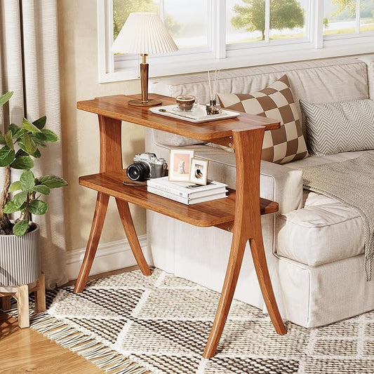 LITTLE TREE Narrow Side Table Set of 2, Small Side Table, 2-Tier Farmhouse End Table with Solid Wood Legs, Space-Saver for Living Room, Bedroom, Entryway (Walnut)