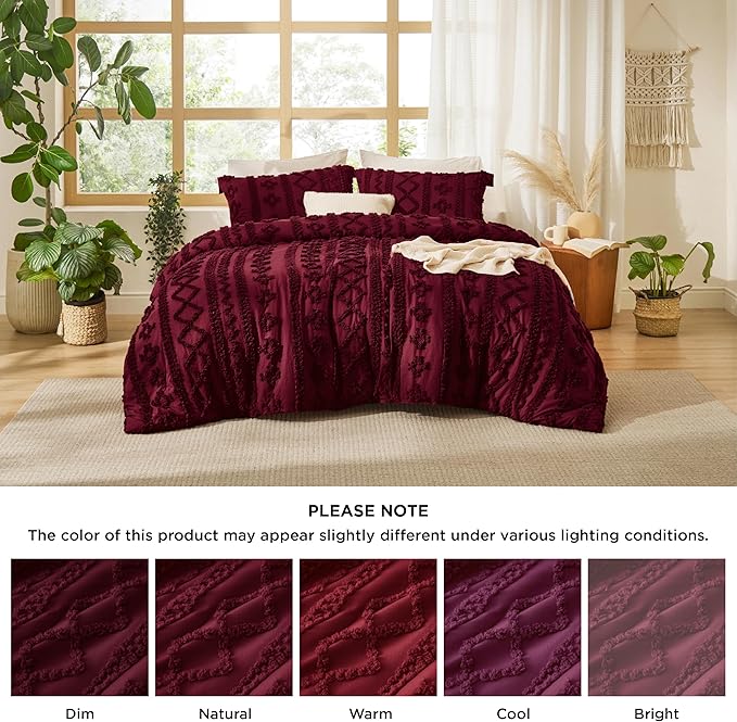Bedsure Tufted Boho Comforter Set Twin Size - Dark Red Boho Bed Set, GentleSoft™ 2 Pieces Farmhouse Shabby Chic Embroidery Bedding, Gifts for Woman, Soft Jacquard Twin Comforter for All Seasons