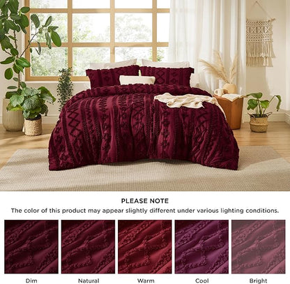 Bedsure Tufted Boho Comforter Set Twin Size - Dark Red Boho Bed Set, GentleSoft™ 2 Pieces Farmhouse Shabby Chic Embroidery Bedding, Gifts for Woman, Soft Jacquard Twin Comforter for All Seasons