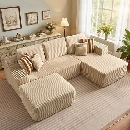106" Cloud Sectional Couch with L-Shape Chaise & Ottoman, No Assembly Modular Sofa, Deep Seat Plush Corduroy Boneless Couched for Living Room (Beige Plush Corduroy, Right Facing Chaise with Ottoman)