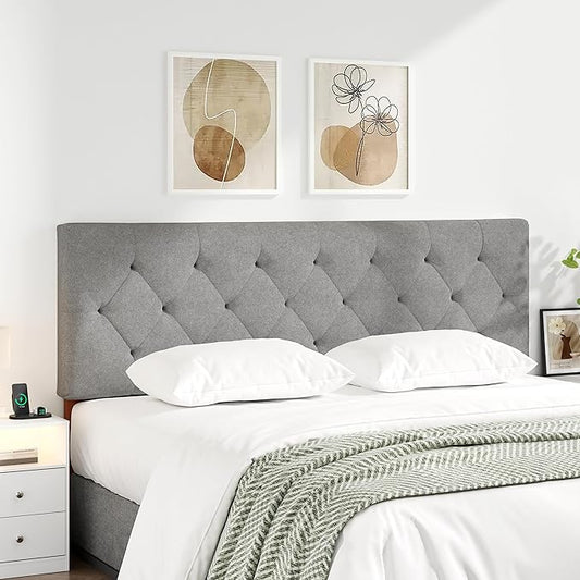 Queen Upholstered Headboard Only for Bed Frame from 49”-62”, Adjustable Height Queen XL Headboards with Durable Wood Legs, Fabric Bed Board in Modern Button Design, Light Grey