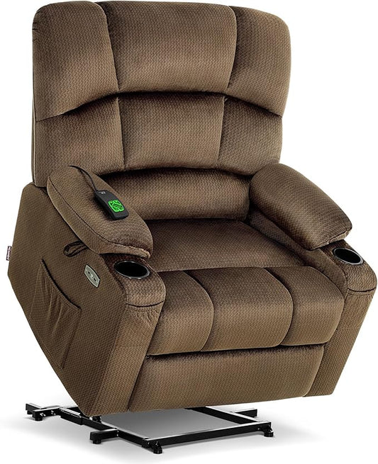 MCombo Oversized Dual Motor Power Lift Recliner Chair Sofa with Massage and Heat for Big Elderly People, Infinite Position, USB Ports, Fabric R7677 (Brown, Medium-Oversize)