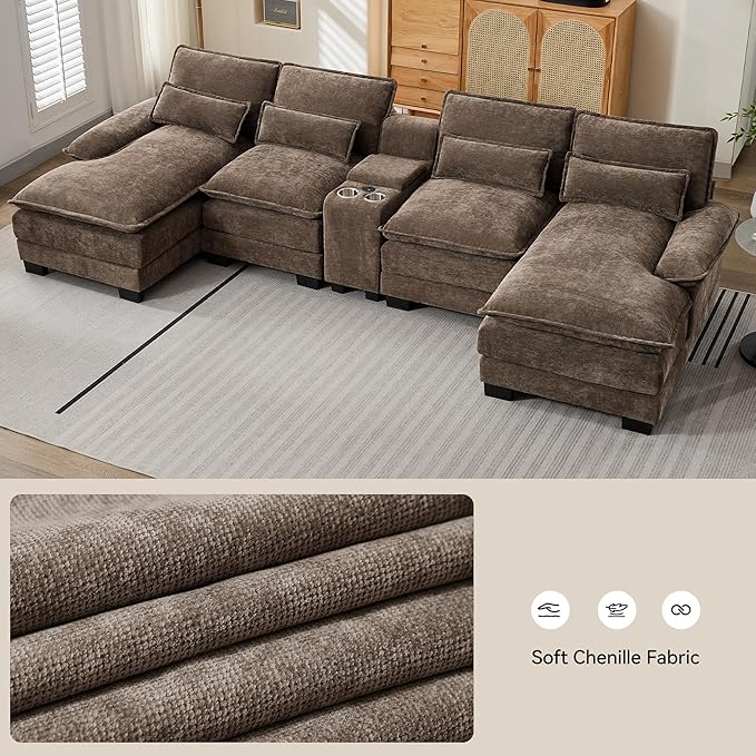 U Shaped Sectional Sofa with Storage Console, Cup Holders & USB Ports, Small Modular Cloud Couch with Deep Seats, Modern Comfy Living Room Sofa for Apartment, Chenille Brown