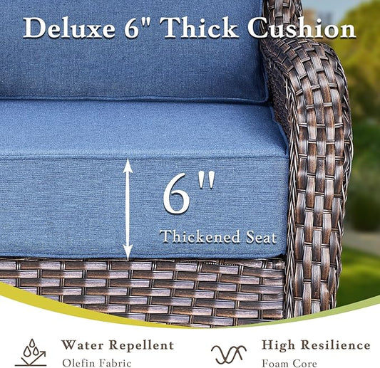 Luxury Outdoor Furniture Set with 6-Inch Thick Cushion, High Back Swivel Patio Chairs with Ottoman & Side Table, Outdoor Wicker Swivel Bistro Set for Porch, Yard, Deck, Poolside, Brown/Blue
