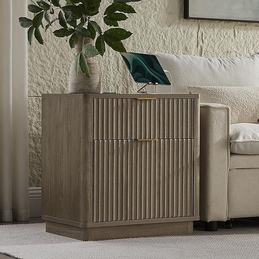 T4TREAM 23'' Fluted Nightstand Set of 2 with Charging Station, Large 2 Drawer Side Table, Modern End Table with Storage, Mid Century Bedside Table for Bedroom, Living Room, Curved Profile, Grey Alder