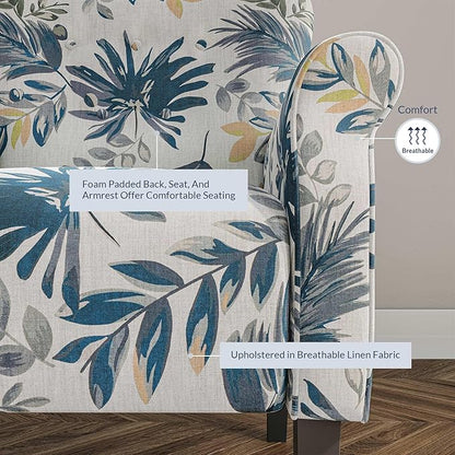 BELLEZE Modern Accent Chair, High Back Armchair, Upholstered Wingback Side Chair, Padded Single Sofa with Wooden Legs for Living Room, Bedroom - Green Blue Floral