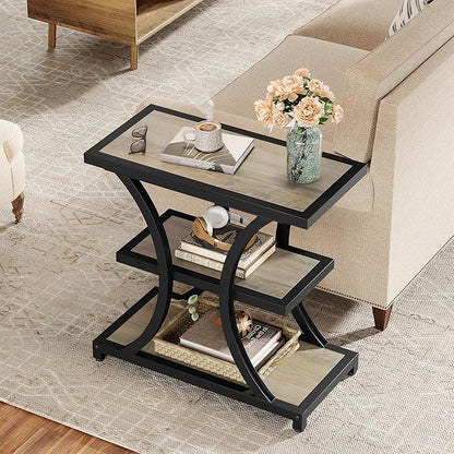 Tribesigns End Table with Storage, 3-Tier Side Table with Geometric Metal Design, Industrial Nightstand for Small Spaces, Living Room, Bedroom, Study Room (1, Grey)