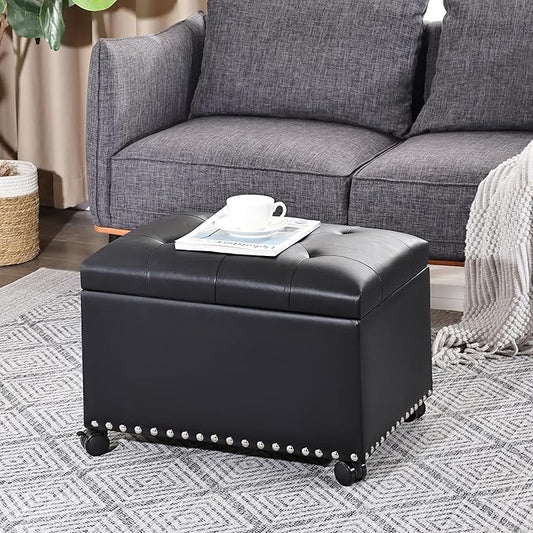 Leather Storage Ottoman Bench with 360° Caster Wheels, 24" Black Rectangle Rolling Ottoman with Storage, Foot Rest Bench Rectangle Ottomans Stool for Living Room Bedroom