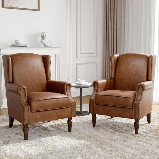 Faux Leather Wingback Accent Chairs Set of 2, High Back Upholstered Armchair, Comfy Fabric Wingback Arms Chairs with Solid Wood Legs, Single Sofa Reading Chair for Bedroom Living Room, Brown