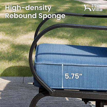 PHI VILLA 7 PCS Patio Furniture Set,Metal Outdoor Furniture with 1x 3 Seater Cushioned Deep Seating Bench Sofa, 2 Swivel Chair, 2 x Leg Chairs & 2 Ottoman for 7 Person, Peacock Blue