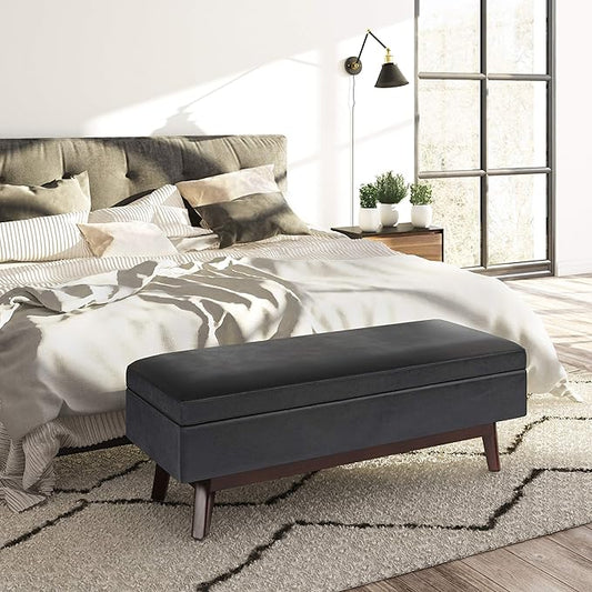 SIMPLIHOME Owen 48 inch Wide Mid Century Modern Rectangle Rectangular Storage Ottoman in Distressed Black Vegan Faux Leather, Assembled, for the Living Room, Entryway and Family Room