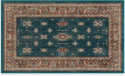 RUGGABLE Washable Vintage Area Rug – Verena Teal Blue 3x5, Stain-Resistant, Non-Slip – Small Machine Washable Rugs for Living Room, Bedroom, Hallway, Entryway & Office–with Standard Pad