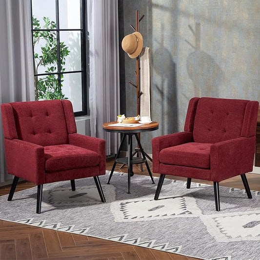Mid-Century Modern Accent Chair Set of 2, Plush Linen Fabric with Button Tufted High Back & 5" Thick Cushion, High Comfort Reading Chair for Living Room, Bedroom, Office (Red)