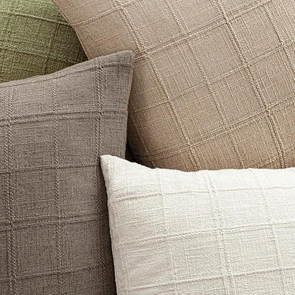 Foindtower Set of 2 Decorative Linen Check Throw Pillow Covers Neutral Farmhouse Vintage Cushion Covers Modern Coastal Boho Home Decor for Sofa Chair Couch Bedroom Living Room,20×20 Inch,Camel
