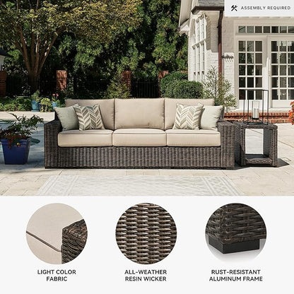 Signature Design by Ashley Coastline Bay Nuvella Weather Resistant Fabric Outdoor Sofa with Cushion and 4 Throw Pillows, Beige & Dark Brown