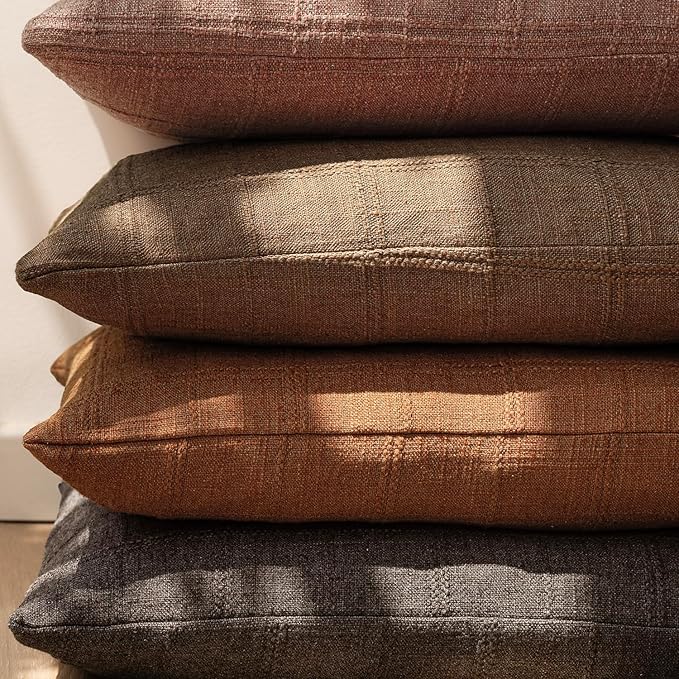 Foindtower Set of 2 Decorative Linen Check Throw Pillow Covers Neutral Farmhouse Vintage Cushion Covers Modern Boho Home Decor for Sofa Chair Couch Bedroom Living Room,20×20 Inch,Dark Brown
