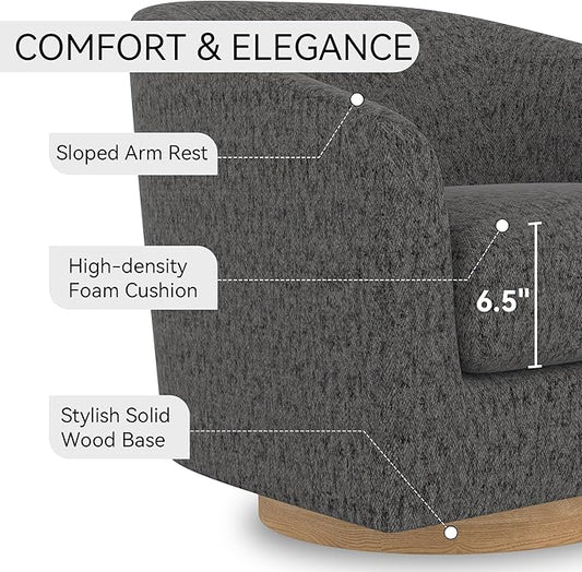 Swivel Accent Chair, Upholstered Modern Barrel-Curved Arm Chair, Velvet Fabric Comfty Sofa Reading Chair with Solid Wood Base for Living Room, Bedroom, Club, Pebble Grey