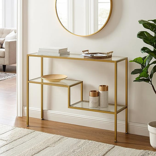 Crosley Furniture Sloane Sofa Console Table with Storage Shelves for Hall, Entryway, or Living Room, Gold