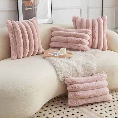 Neelvin Pink Faux Fur Cozy Soft Striped Decorative Throw Pillow Covers 12x20 inch Set of 2,Velvet Pillowcase Cushion Case for Sofa Couch