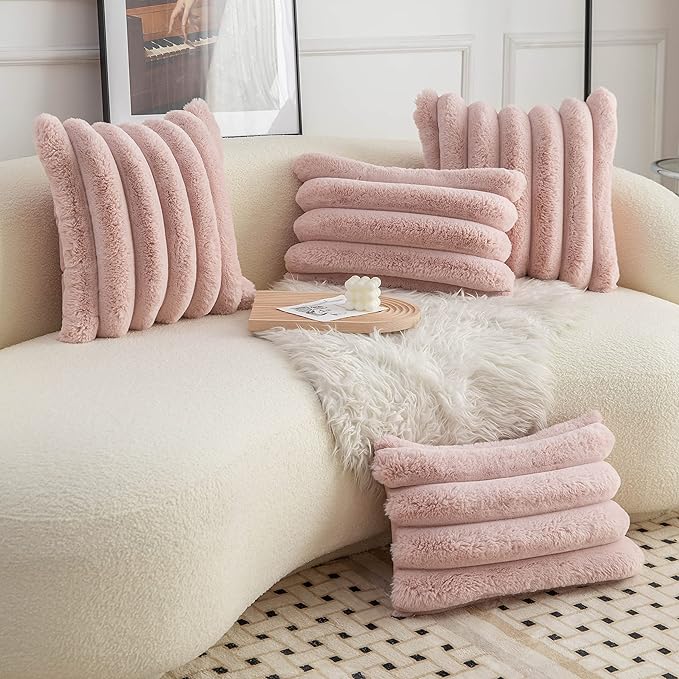 Neelvin Pink Faux Fur Cozy Soft Striped Decorative Throw Pillow Covers 24x24 inch Set of 2,Velvet Pillowcase Cushion Case for Sofa Couch