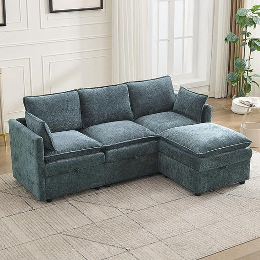 80" Cloud Modular 3 Seater Sofa with Storage Ottoman, Modern Upholstered Storage Sofa Couch Deep Seat, L Shape Sectional Sofa Chenille Comfy Couch with Armrests for Living Room, Small Space, Blue