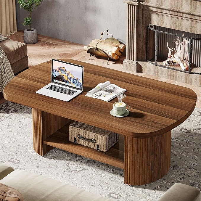 Tribesigns Oval Coffee Table, Mid-Century 2-Tier Coffee Table with Storage Shelf, Modern 45.27" Accent Center Table with Wooden Dual Base for Living Room Bedroom Apartment (Rustic Brown)