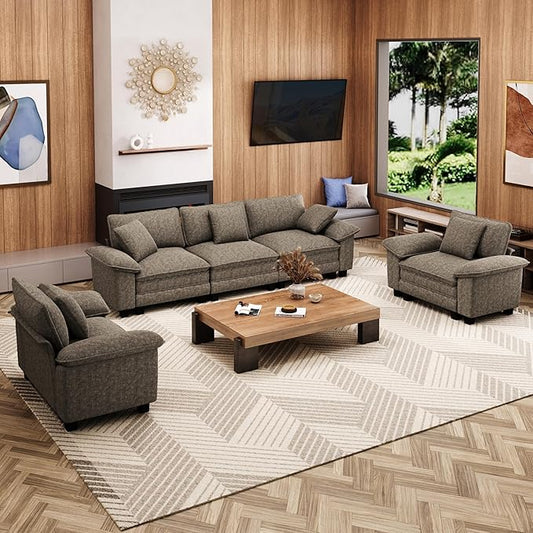 L-Shaped Cloud Modular Sofa Set, Deep Seat 3-Piece 5-Seater Sectional Couch & Removable Arms, Plush Chenille for Living Room - Smoky Gray
