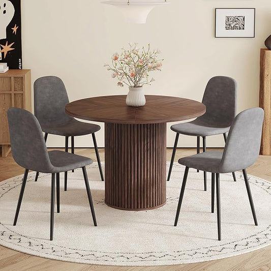 42" Round Dining Table Set for 4 with Storage, 5 Piece Round Dining Table Set with Fabric Chairs, Round Kitchen Table and Chairs for 4 with Thick Wood Top, Roman Column Pedestal, Space-Saving