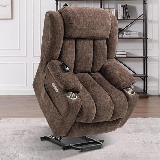 Power Lift Chair for Elderly, Electric Recliner Chair with 8-Point Vibration Massage and Lumbar Heating, Charging Ports, Cup Holders, Standing Assistance Reclining - Brown