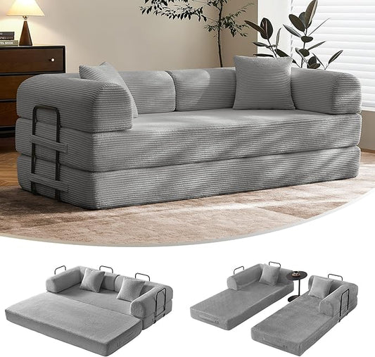 79" Convertible Sofa Bed with Fixed-Shape Frame & Removable Armrests, Modular Corduroy Sleeper Sofa, Folding Mattress Couch for Small Spaces - No Assembly Needed in Light Gray (Includes 2 Pillows)