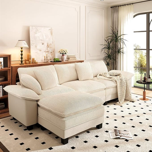 PHI VILLA Cloud Modular Couch Sets, 123.6" Sectional Sofa with L-Shaped Chaise Ottoman, 4-Seater Couches with Upholstered Deep Seat for Living Room, Chenille Corduroy Dual Fabric, Beige