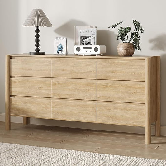 Dresser for Bedroom with 9 Drawers,63" Wide Oak Dresser with 4 Solid Wood Legs, Wooden TV Stand,Closet Clothes Organizer for Bedroom, Hallway