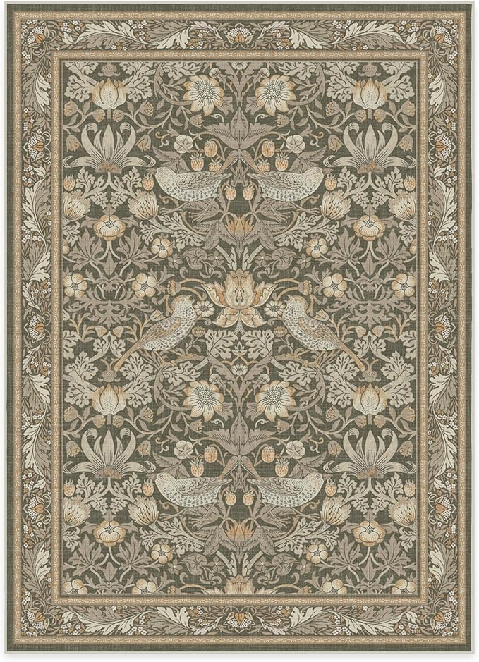RUGGABLE x Morris & Co Washable Area Rug–Strawberry Thief Stone Gold 5x7, Stain-Resistant, Non-Slip–Medium Machine Washable Rugs for Living Room, Bedroom, Hallway, Entryway & Office–with Standard Pad