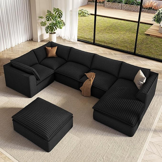Vesgantti 141.7" Oversized Sectional Boneless Couch, 7 Seater Modular Sofa with Chaise & Ottoman & Armrest, Deep Seat Plush Corduroy Cloud Couches for Living Room, No Assembly Required, Black