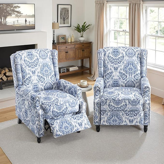 Pushback Recliner Chair Set of 2, Floral Fabric Wingback Recliner Chair, Upholstered Armchair Push Back Recliner, Rivet Trim Single Sofa Accent Chair with Wood Legs for Living Room, Navy