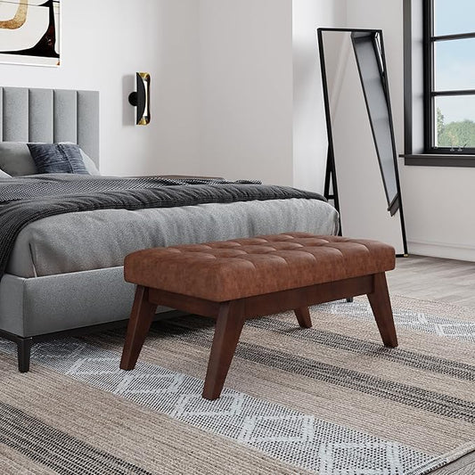 SIMPLIHOME Draper 40 inch Wide Mid Century Modern Rectangle Tufted Ottoman Bench in Distressed Saddle Brown Vegan Faux Leather, Assembled, For the Living Room and Bedroom