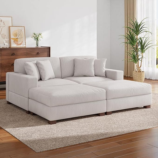 Modular Sectional Couches for Living Room, Modern Loveseat 2-Seater Sofa Couch with Ottoman, Upholstered Couches for Living Room Bedroom, Beige