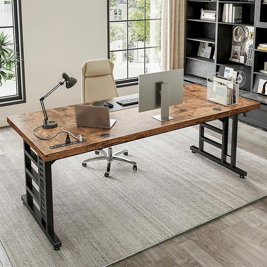 Coleshome 78 Inch Executive Desk with USB Ports, Large Computer Desk with Extra Thick, Long Mordern Office Desk, Workstation Business Furniture for Home Office, Vintage